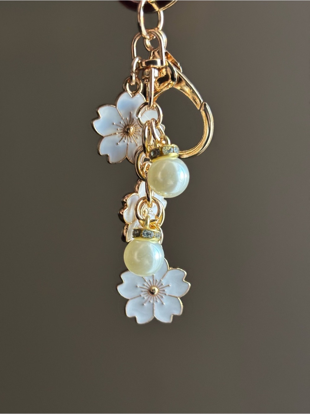 Gold Cherry Blossom Keychain with White Enamel Flowers and Pearl Charms